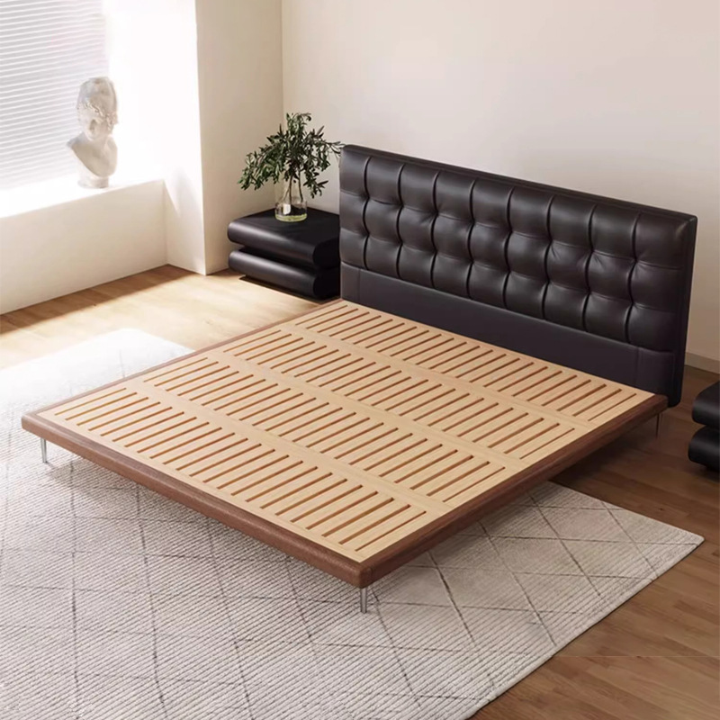 Camas de cuero minimalistas italianas, camas de waffle negras modernas y simples, camas de casado retrógradas, camas de cama de lado, camas de nube
