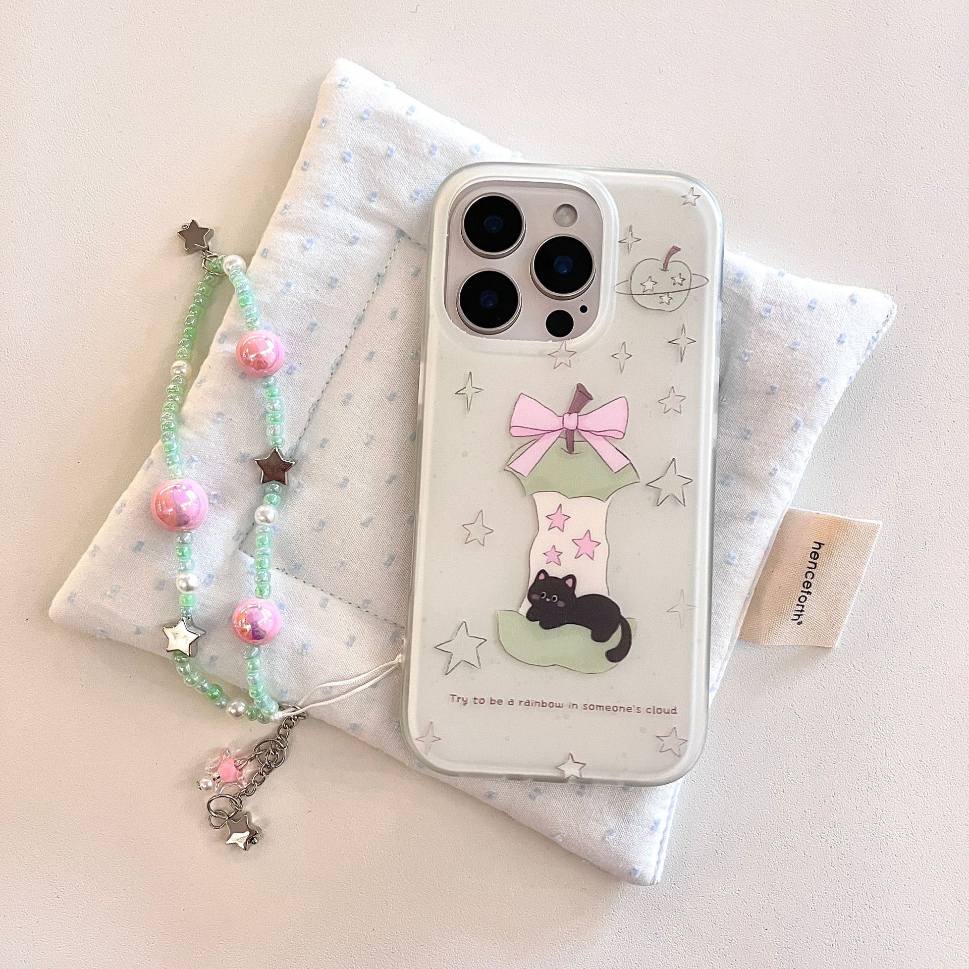 Coreano pequeña estrella fresca manzana núcleo gato negro para Apple 16ProMax funda para teléfono móvil cadena 15Pro 14/13