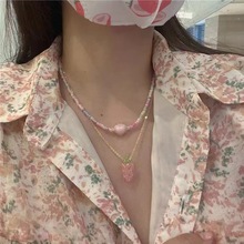 粉色串珠项链双层小米珠桃心锁骨链2023年夏季新款小清新葡萄颈链