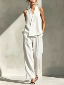 2026春夏跨境欧美亚马逊气质优雅挂脖V领无袖上衣配阔腿棉麻套装