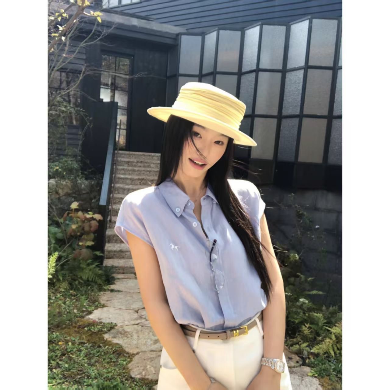 DY818夏季新款宽松无袖衬衫刺绣短袖小马标衬衣通勤气质上衣薄款