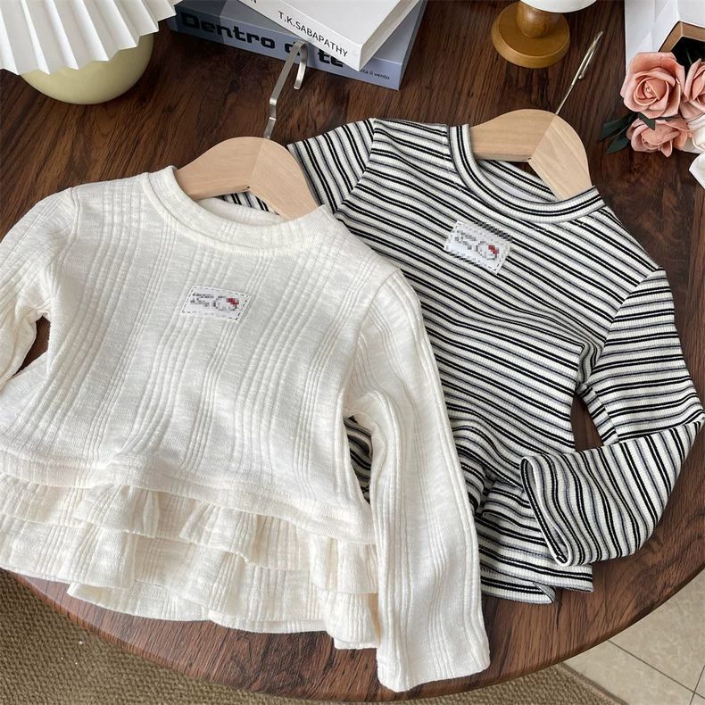Korean-Style Spring and Autumn Girls' Striped Skirt Tops, Stylish Base Shirts, Versatile Solid Color Cartoon Long-Sleeve Tops