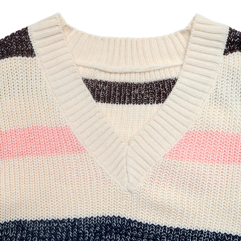 Gestreifter Damenpullover mit V-Ausschnitt – Oversized-Pullover im lässigen Stil für Herbst und Winter_voghion.com