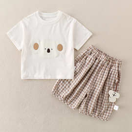 婴童儿童夏装套装73-100码男女宝宝短袖T恤格子裤两件套洋气衣服