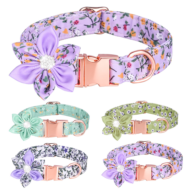 跨境热卖六瓣花宠物项圈玫瑰金刻字插扣狗项圈亚马逊小碎花猫项圈