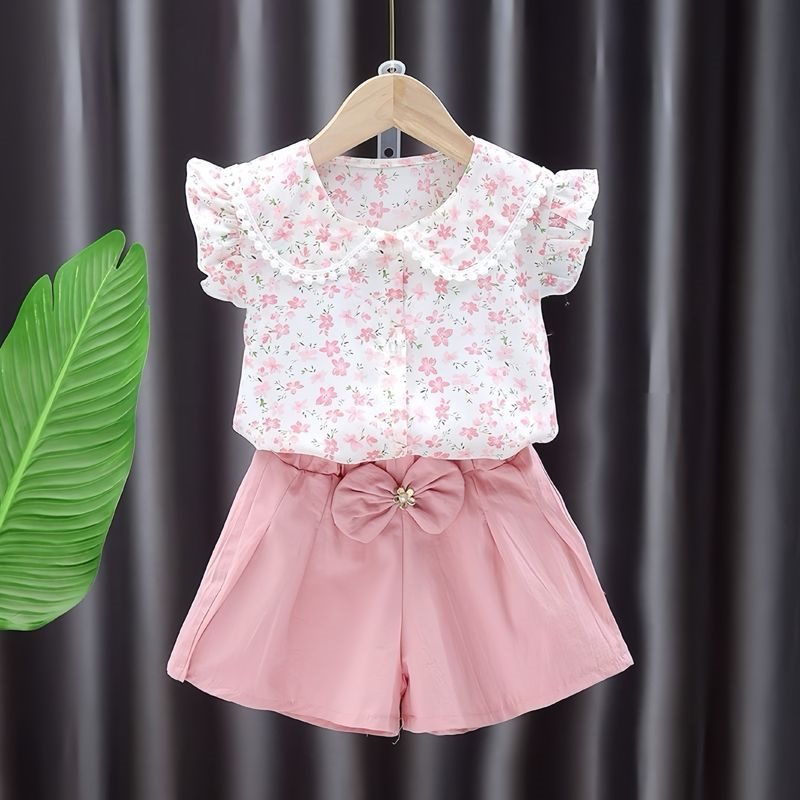 Kids Floral Bow Shorts Top Set for Girls Summer Wear
