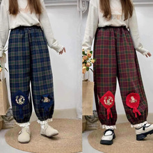 824894秋冬新 森日系自然腰贴布小兔子拼色格子加绒宽松休闲裤
