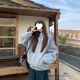 韩系大码新款小众胖MM开衫美式加绒设计加厚秋冬季保暖宽松外套潮