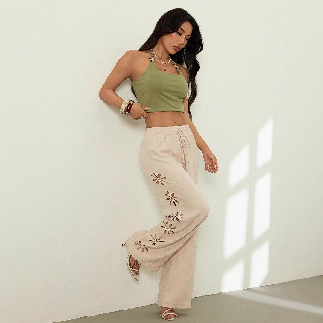 Women's Clothing Women's Casual Trousers Drawstring Hollow Out Solid Color Loose Wide Leg Pants Simple Style_ecoleips.com
