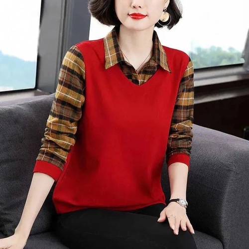 Fake two-piece long-sleeved T-shirt women's bottoming shirt patchwork top mother's wear versatile plaid shirt