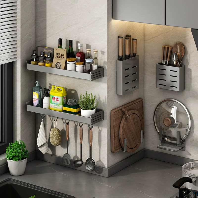 Серая кухонная полка для хранения, полка для специй без перфорации, настенная полка для ножей, предметы домашнего обихода, многофункциональная полка для хранения