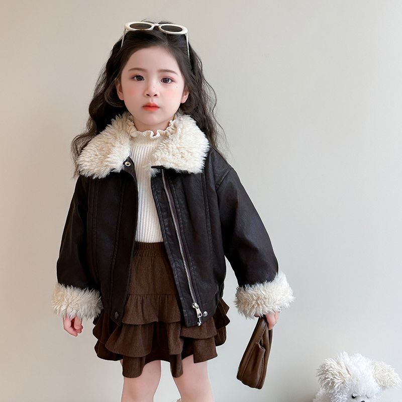 Girls' Leather Jacket Winter New Children's Rabbit Mink Fur Integrated Fleece Thickened Trendy Cool Jacket Top Trendy Spandex