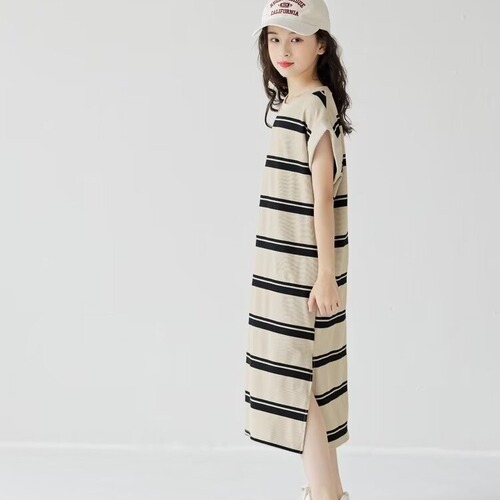 Girls' Summer Dress Stylish Medium and Large Children's Long Dress Korean Version Children's Long Sleeve T-Shirt Short Sleeve Summer Outfit Striped Skirt
