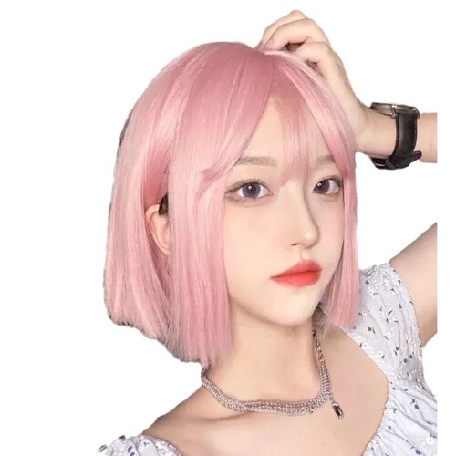 Internet celebrity wig with short hair for women, summer natural full headband, pink bangs, round face, age-reducing bob, simulated short style