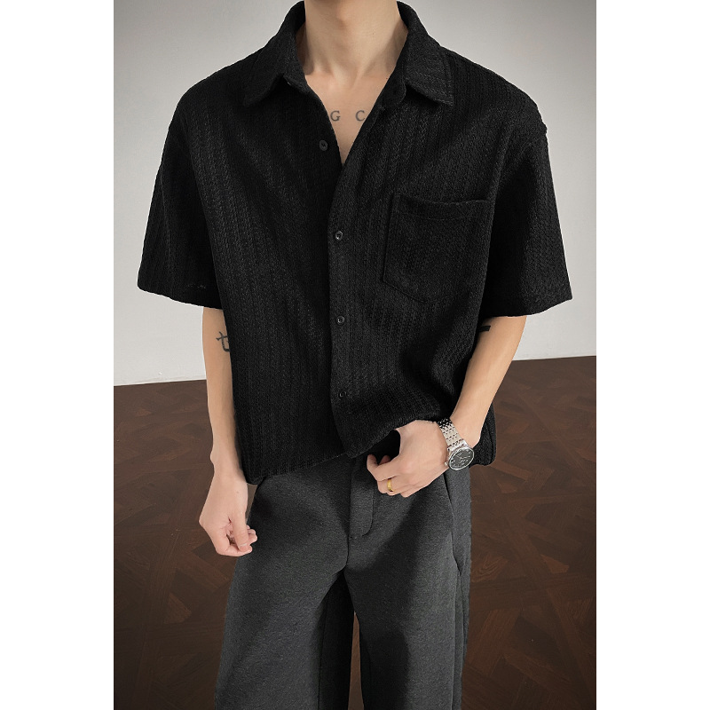 Fishbone Pattern Old Money Style Short-sleeve For Men, Spring Boxy Short Wide, Accentuates Shoulder Width, Stylish And_voghion.com