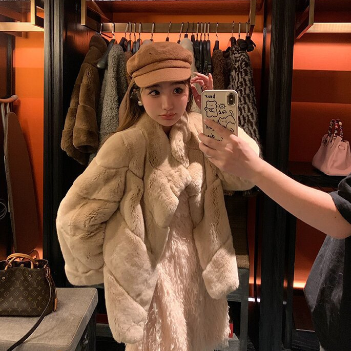 Luxury Rex Rabbit Fur Coat for Women, New Style, Young Style, Eight-Sleeve