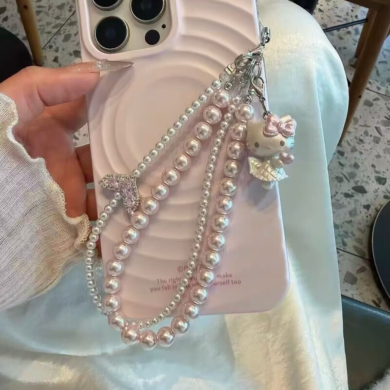 Cute double-layer pink pearl and rhinestone fishtail KT cat phone chain, camera strap, sweet and unique bag charm, keychain for women Cute double-layer pink pearl and rhinestone fishtail KT cat phone chain, camera strap, sweet and unique bag charm, keychain for women