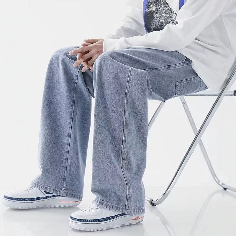 2026 Spring and Autumn Men's Loose Straight-Leg Denim Pants, Trendy Hong Kong Style, Fashionable Wide-Leg Casual Trousers