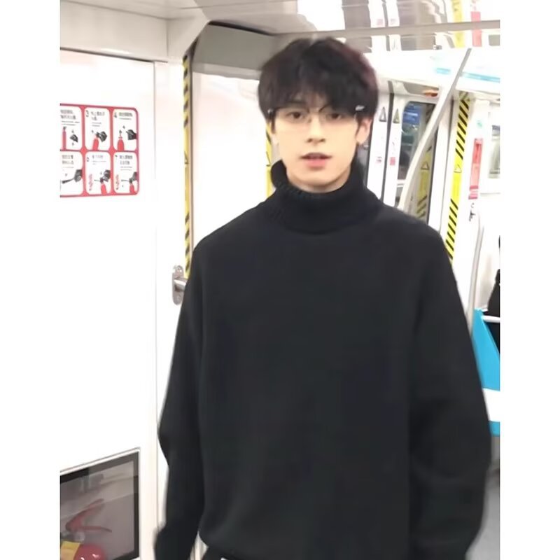 男款秋冬高级感内搭打底衫加绒痞帅慵懒风针织衫黑色可翻高领毛衣,男装针织衫/毛衣,星座614