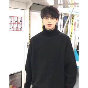 男款秋冬高级感内搭打底衫加绒痞帅慵懒风针织衫黑色可翻高领毛衣图片