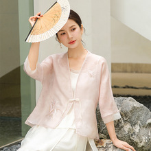 2024新款女装汉服新中式夏季国风刺绣女士上衣粉色外披百搭禅茶服