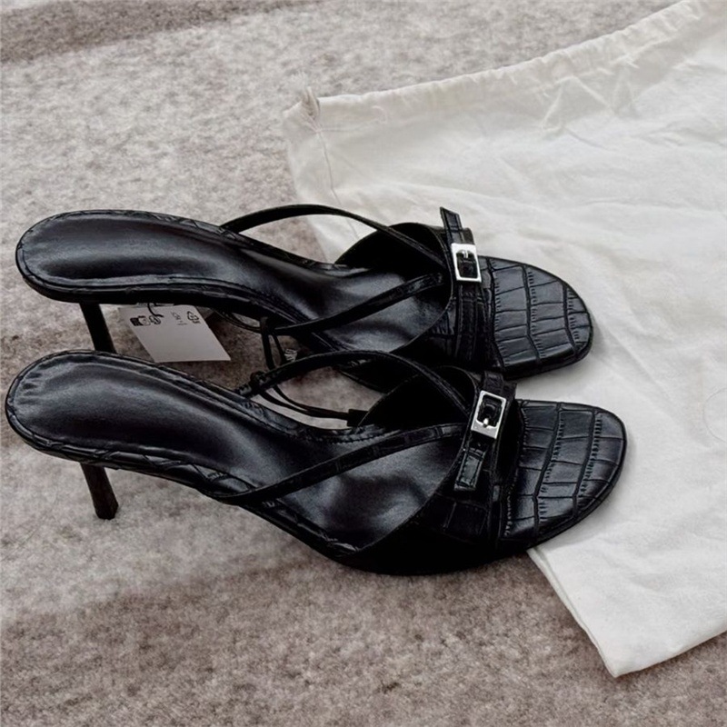 Damskie sandały na szpilce z krokodylej skóry, z miękkiej skóry, z odkrytymi palcami, francuski szyk, letnia odzież wierzchnia, sandały na obcasie z jednym paskiem_voghion.com