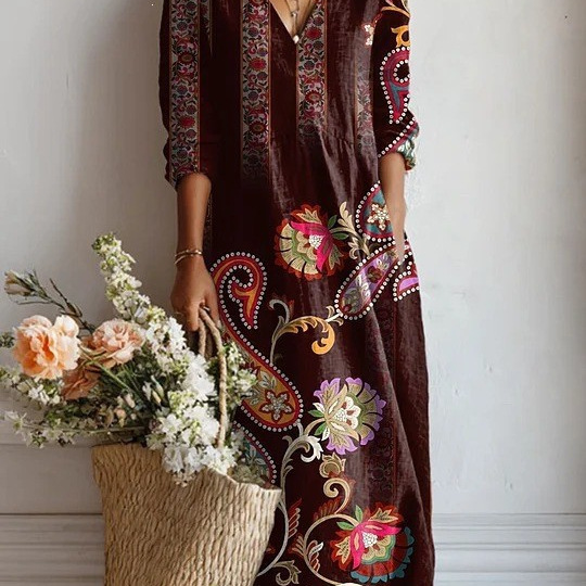 2026 Summer Women's Elegant Dress Cross-Border Independent E-Commerce 3D Digital Print V-Neck Long Loose Plus Size Dress