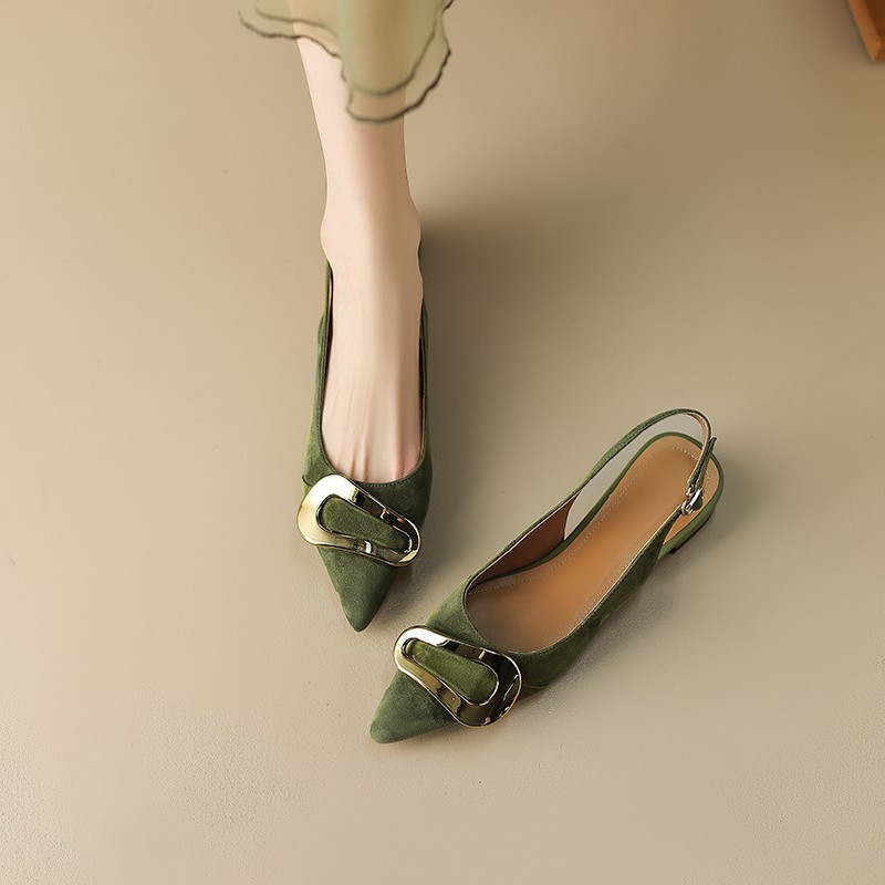 French retro metal buckle flat shoes for women 2024 summer new style Baotou sandals pointed toe temperament shallow mouth single shoes_voghion.com