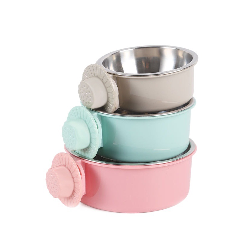 En stock al por mayor anti-golpe fijo colgante perro tazón de acero inoxidable bebedero para jaula de perro dos en uno Pet Bowl