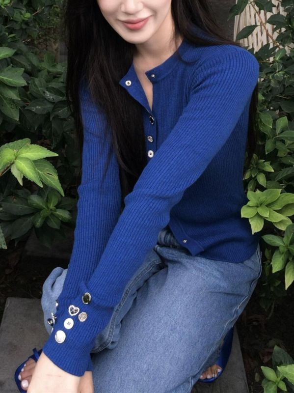 巨好看的早秋季高级感穿搭克莱因蓝长袖针织开衫女设计感修身上衣|undefined