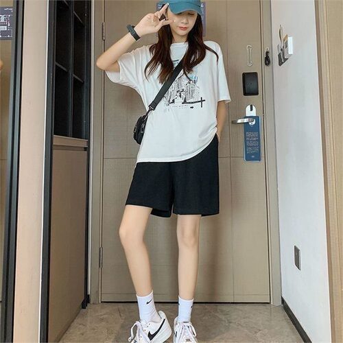 Summer New Solid Color Versatile Student Short Pants for Women Loose Straight Leg Casual Outerwear Sport Five-Finger Wide Leg Pants
