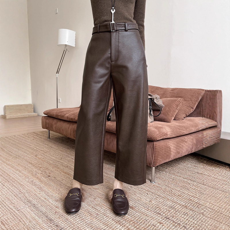 【No Returns or Exchanges】Winter Retro Eco-Friendly Protein Leather Matte Wrinkled Wide-Leg Leather Pants Ka222