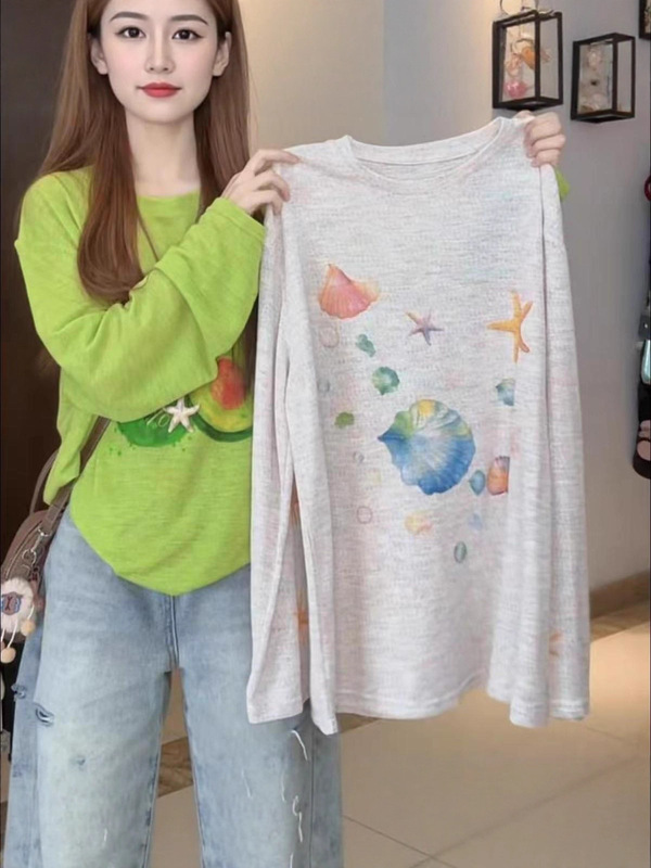 【自家工厂现货】韩系彩色印花圆领长袖t恤女夏季慵懒风百搭罩衫|undefined
