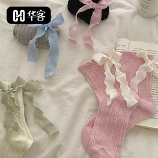 2025 Spring New Style Socks Sweet Lolita Stacked Socks Korean Style Heel Ribbon Bow Women's Mid-tube Socks