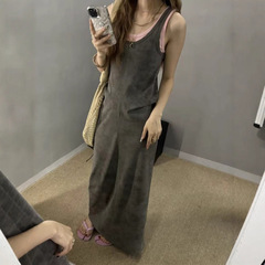 假两件立体裁剪吊带背心连衣裙女夏法式赫本风针织长款无袖裙跨境