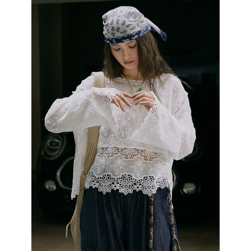 Lvu Summer New French Style Elegant Lace Cotton Washed Shirt Three-dimensional Hollow Soft Breathable Top for Women