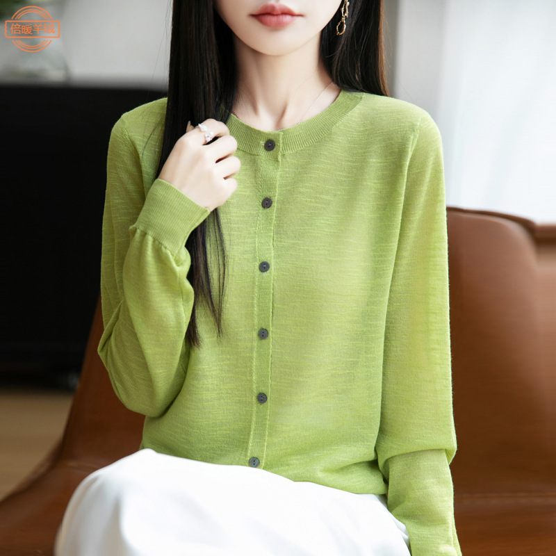Refreshing Round Neck Sun Protection Knitted Cardigan for Women Summer Thin Long-Sleeved Bamboo Linen Air-Conditioning Shirt Loose Outer Blouse Jacket