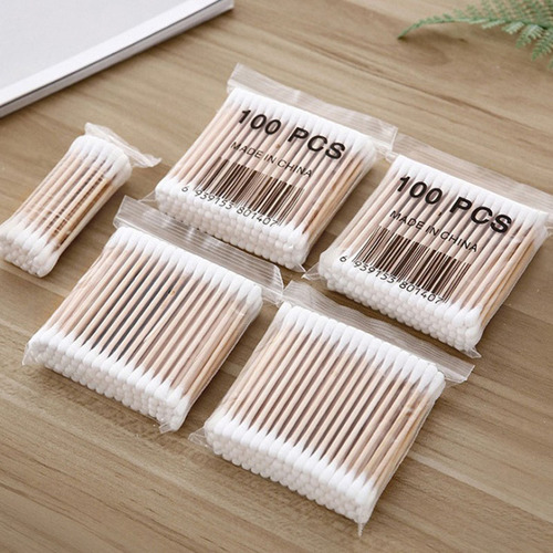 100 pieces of wooden stick cotton swabs, double-ended disposable sanitary tampons for ear removal, makeup removal and disinfection cotton swabs