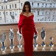 法式优雅气质轻熟V领露背收腰包臀针织连衣裙长款一字肩简约高级