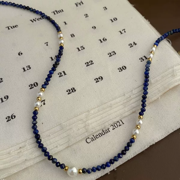Cross-Border Vintage Natural Lapis Lazuli Natural Baroque Freshwater Pearl Beaded Necklace for Women Crystal Splicing Clavicle Chain