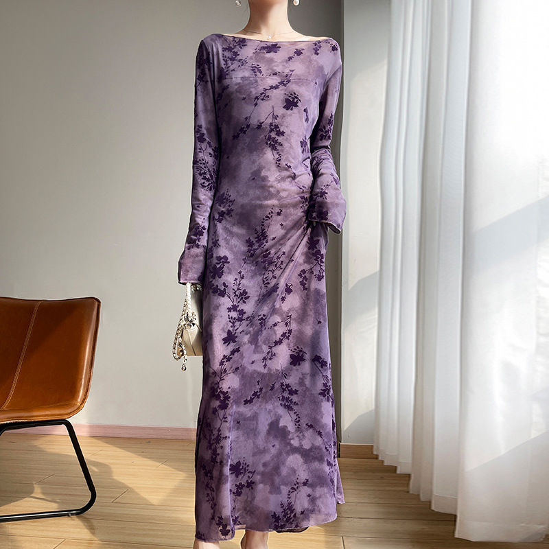 2025 Spring and Summer New Mesh Flocking One-character Collar dress Long-sleeved Women's Jacquard Slim-fit Slimming Elegant Long Dress