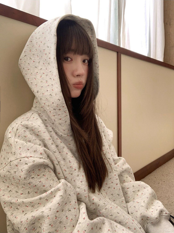 2055新款韩系ins慵懒风碎花连帽卫衣女秋季小个子简约休闲外套|undefined