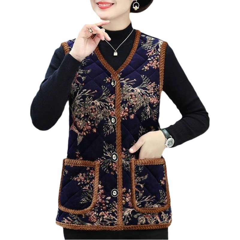 Mamá Otoño e Invierno ropa de lana forrada engrosada chaleco abuela estilo occidental Chaleco de mediana edad y mujeres mayores chaleco viejo abrigo de algodón acolchado