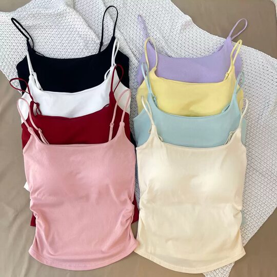 Pure Sweet Spicy Camisole Women's Inner Wear Outer Wear Beautiful Strap Chest Pad Pleated Design Sense Slim-fit Slimming Top Women