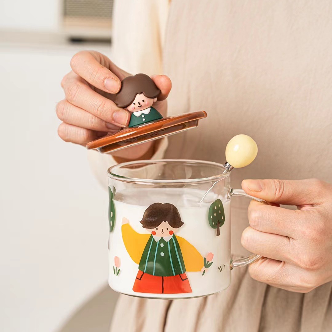 Personalidad creativa niño niña personaje de dibujos animados vidrio regalo lindo taza con tapa cuchara Oficina agua