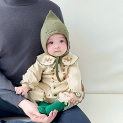 婴儿衣服女宝宝秋季衣服洋气前开扣绣花娃娃领长袖新生儿连体爬服