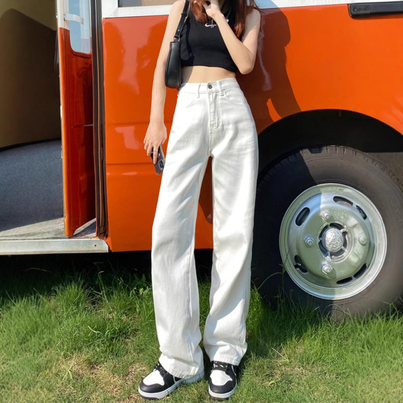 白色高腰窄版阔腿牛仔裤女春秋2025新款显瘦直筒垂感拖地长裤子|undefined
