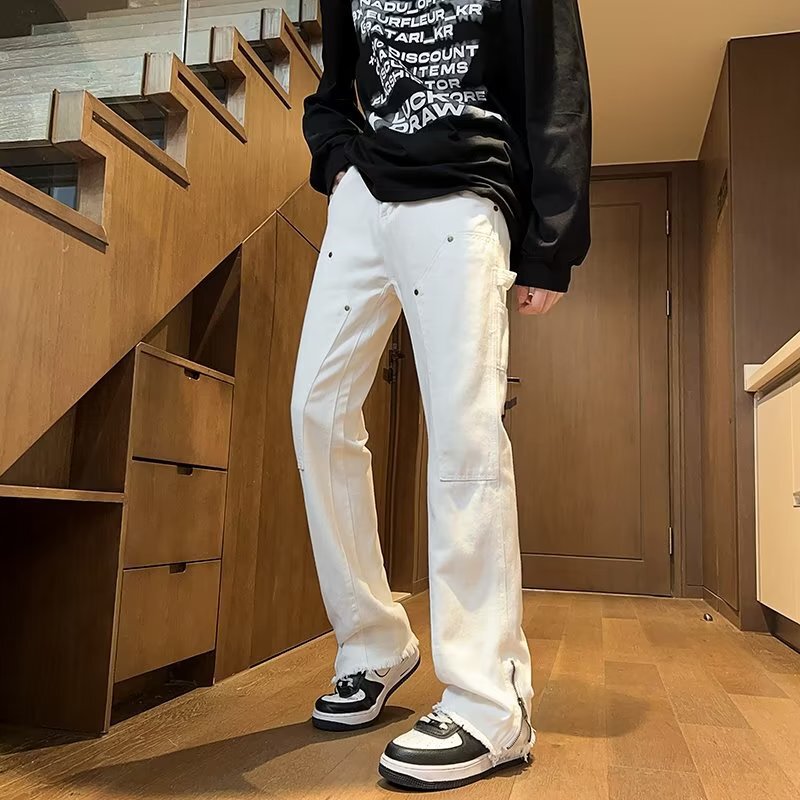 High street American rivet straight white jeans fashion brand punk drop retro design pants men and women all-match bf