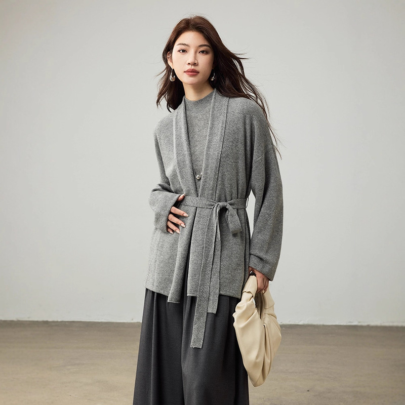 Light Luxury Cashmere Lace-Up Knitted Cardigan Short Coat New Early Autumn Women's Acetate Wool Slimming Sweater for Women