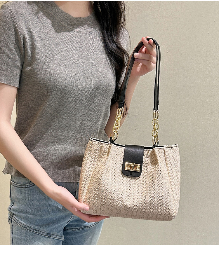 360g Weight Polyester Lining Material Lock clasp Closure Type Double Handle Strap Type Tote Bag Bags Type Daily Occasion Pu Leather, Straw Material Color Block Pattern All Seasons Season Women's Gender Streetwear Style Bucket Shape Medium Size Women's Medium Pu Leather Straw Color Block Streetwear Bucket Lock Clasp Tote Bag 5